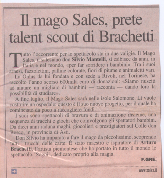 Ritaglio: Il Mago Sales,prete talent scout di brachetti