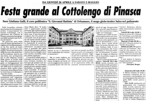 Ritaglio: Festa grande al Cottolengo di Pinasca