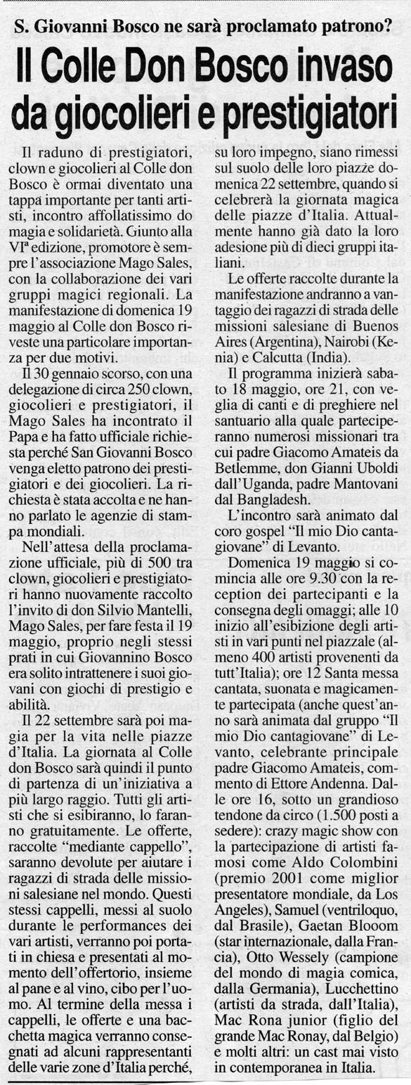 Ritaglio: Il Colle Don Bosco invaso da giocoglieri e prestigiatori
