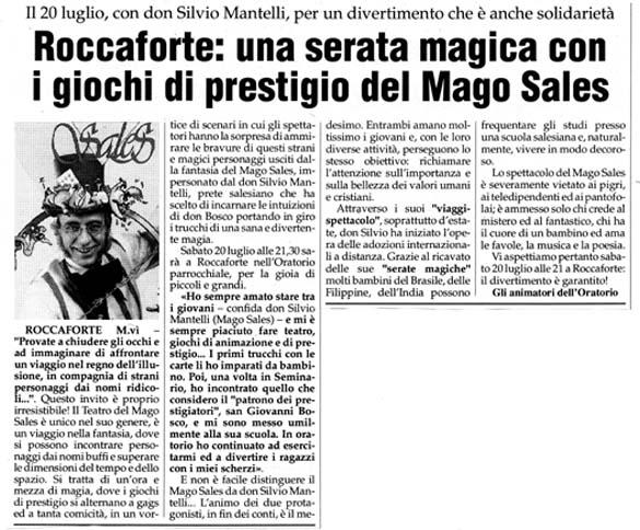Ritaglio: Roccaforte: una serata magica con i giochi di prestigio del Mago Sales