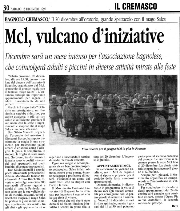 Ritaglio: Mcl, vulcano d'iniziative