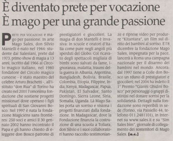 Ritaglio: E'diventato prete per vocazione E' mago per una grande passione