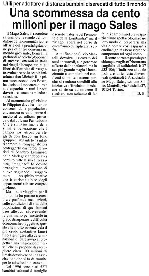 Ritaglio: Una scommessa da cento milioni per mago Sales