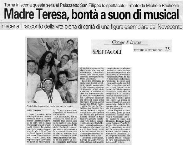 Ritaglio: Madre Teresa, bontà a suon di musical