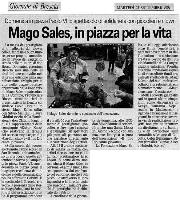 Ritaglio: Mago Sales, in piazza per la vita