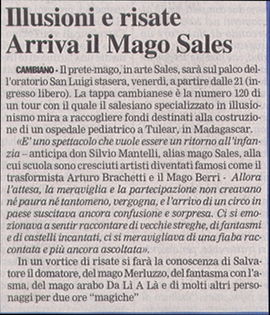 Ritaglio: Illusioni e risate. Arriva il Mago Sales