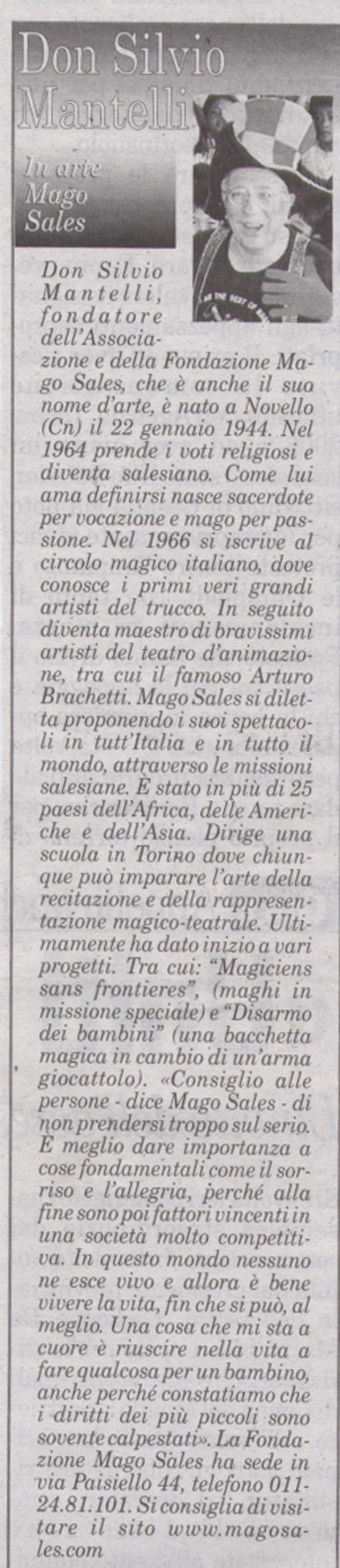 Ritaglio: Don Silvio Mantelli,in arte Mago Sales