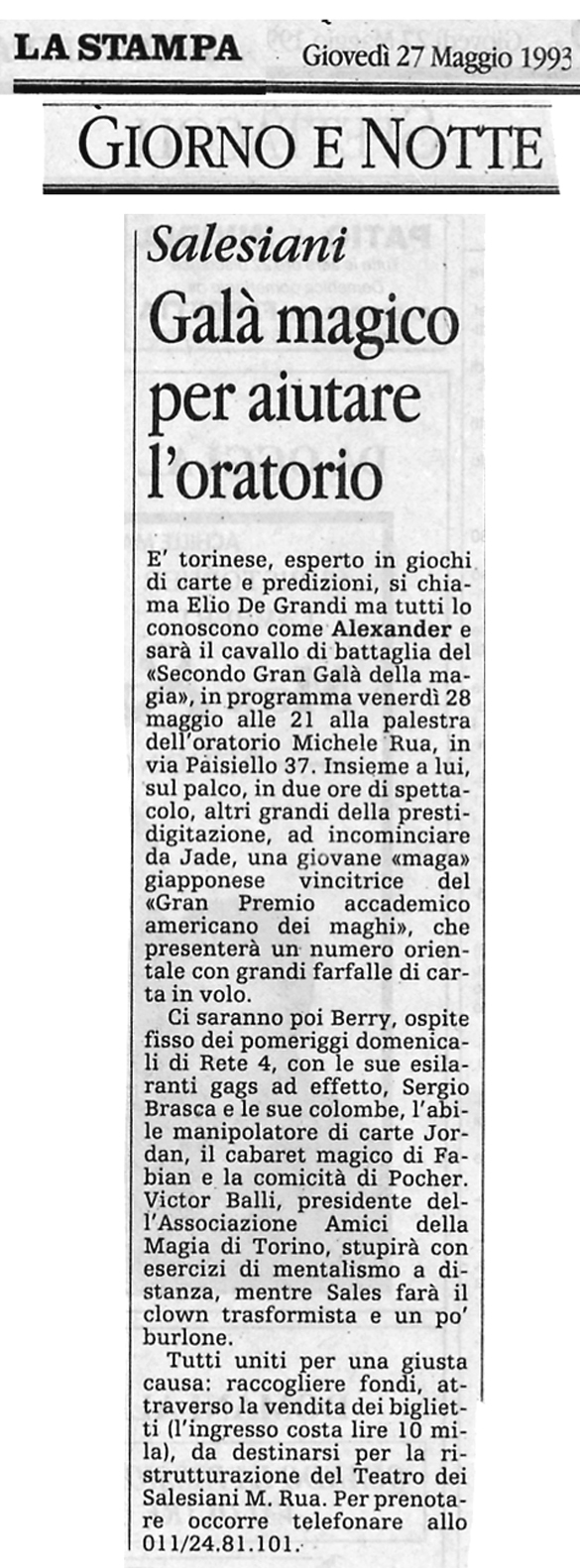 Ritaglio: Galà magico per aiutare l'oratorio