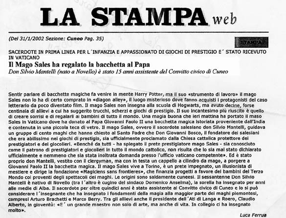 Ritaglio: \Il Mago Sales ha regalato la bacchetta al Papa