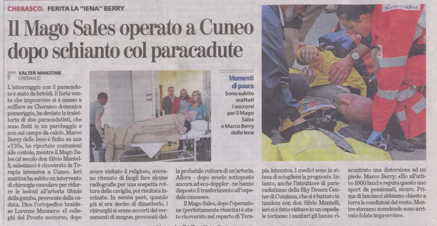 Ritaglio: Il Mago Sales operato a Cuneo dopo schianto col paracadute