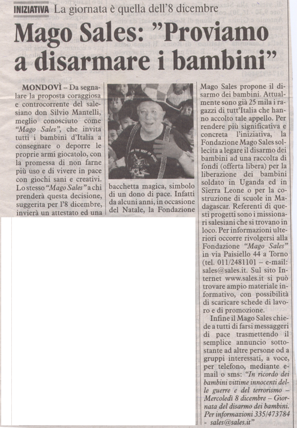 Ritaglio: Mago Sales:"Proviamo a disarmare i bambini