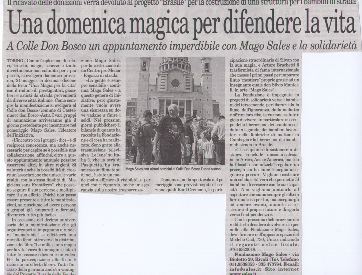 Ritaglio: Una domenica magica per difendere la vita. A Colle Don Bosco un appuntamento imperdibile con Mago Sales e la Solidarietà
