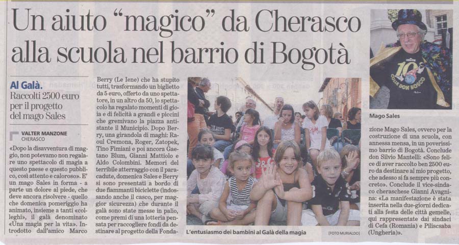 Ritaglio: Un aiuto "magico" da Cherasco alla scuola nel barrio di Bogotà